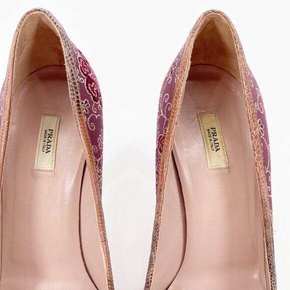 Vintage Prada Plum Gold Brocade Snakeskin Trim Bow Square Toe Heels IT 37.5 - Picture 8 of 13